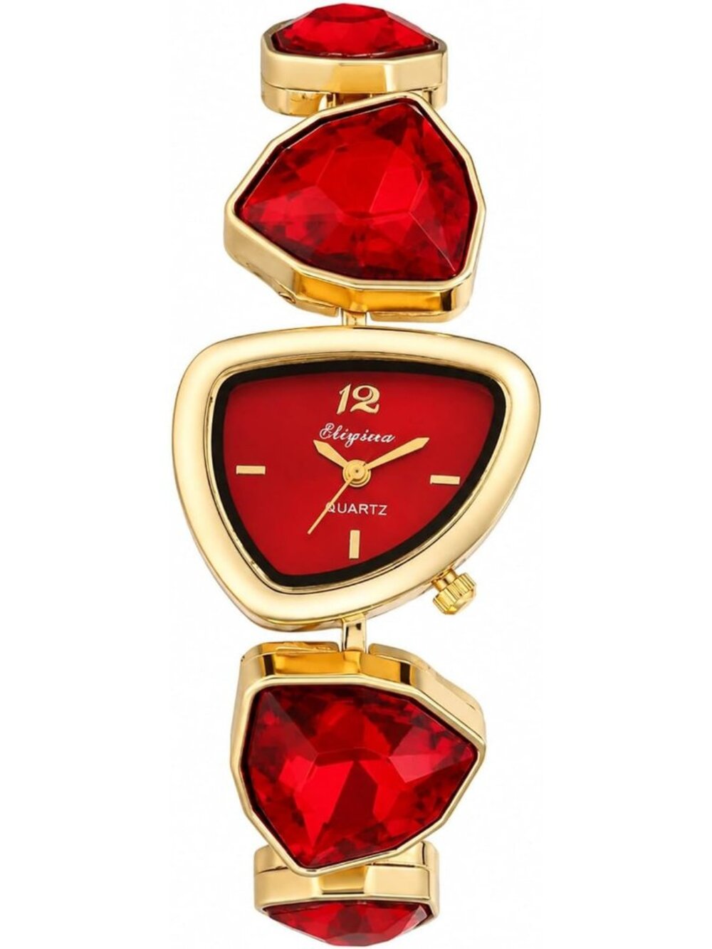 Women's Red Birthstone Bracelet Triangle Dial Quartz Diamonds Strap Wrist Watch